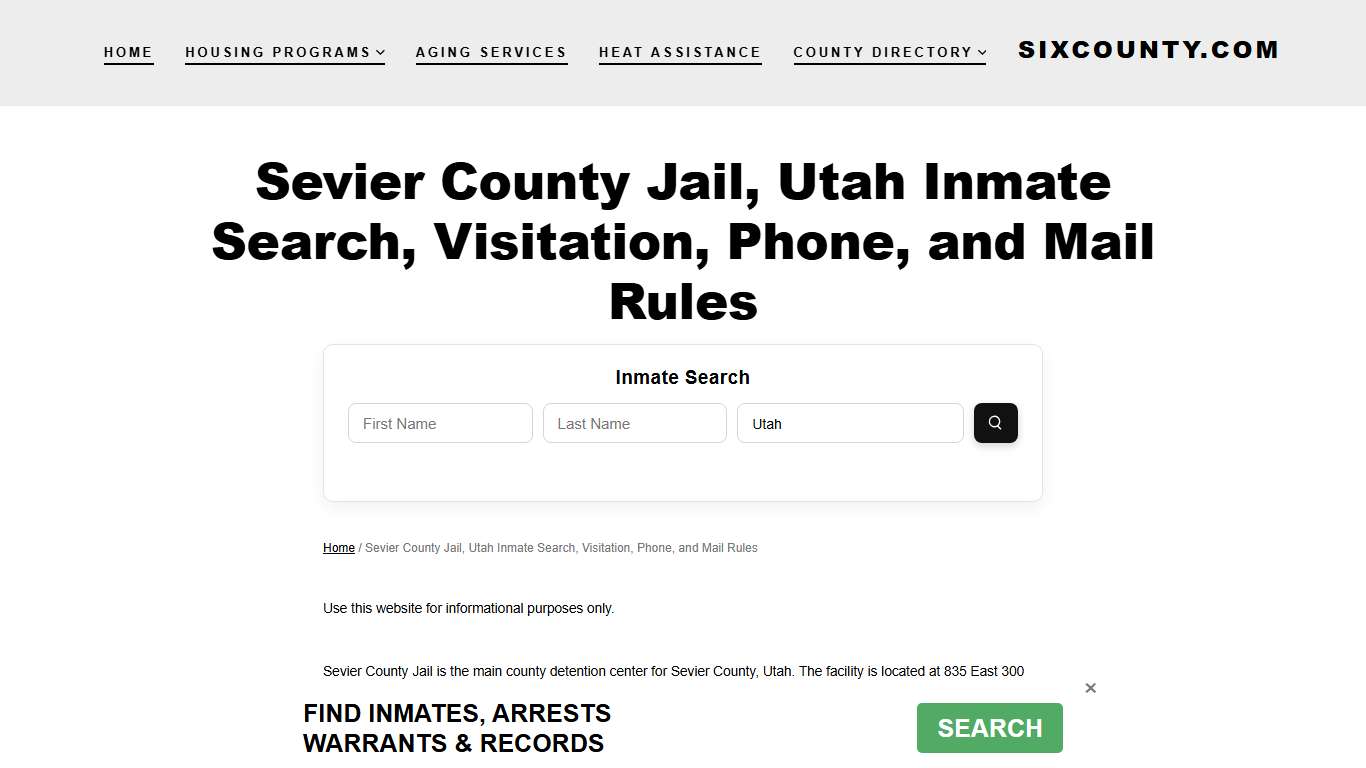 Sevier County Jail, UT, Jail Roster, Inmate Services